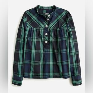 J.Crew Fresco Top With Jewel Buttons In Black Watch Tartan Plaid-NWT-MEDIUM